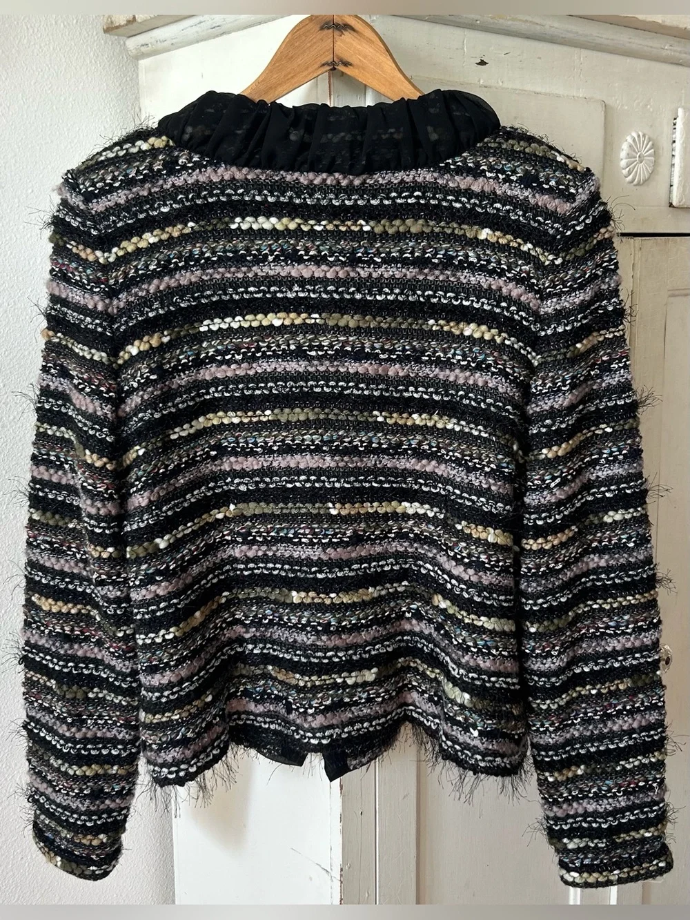 Misook | Women’s Black/Multi Knit Front Clasp Long Sleeve Collarless Blazer Sz S
